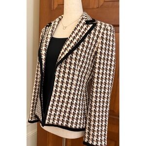 Kasper Womens Houndstooth Blazer Womens 2P Petite Ivory/Brown Open-Front Jacket